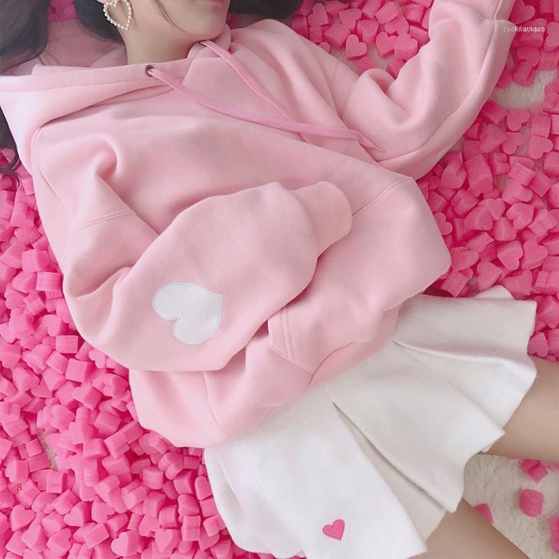 

Japan Kawaii Cute Hooded Women Hoodies Sweet Thick Plus Velvet Sweatshirt Heart Pattern Embroidery Casual Pink1, Pink