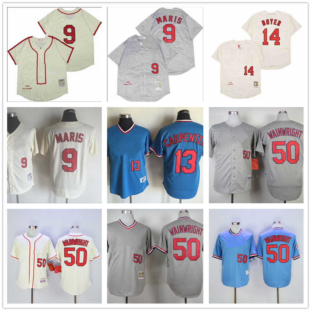 

Movie Mitchell and Ness Baseball Jersey Vintage 9 Roger Maris Jersey 50 Adam Wainwright 13 Matt Carpenter 14 Ken Boyer Stitched Breathable Sport Sale High Quality Men, As picture (with team name)