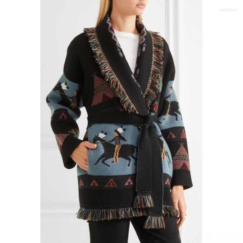 

Women' Knits & Tees Flordevida Fringed Jacquard Knit Cashmere Cardigan Hem Belt Tied Women 2022 Autumn Winter Warm Boho Coat Perf22, Sky blue