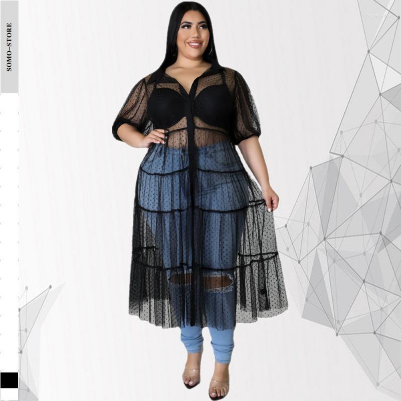 

Plus Size Dresses Casual Polka Dots For Women 2022 Elegant Lapel Mesh See Through Sexy Dress Draped Wholesale DropPlus Jasp22, Black