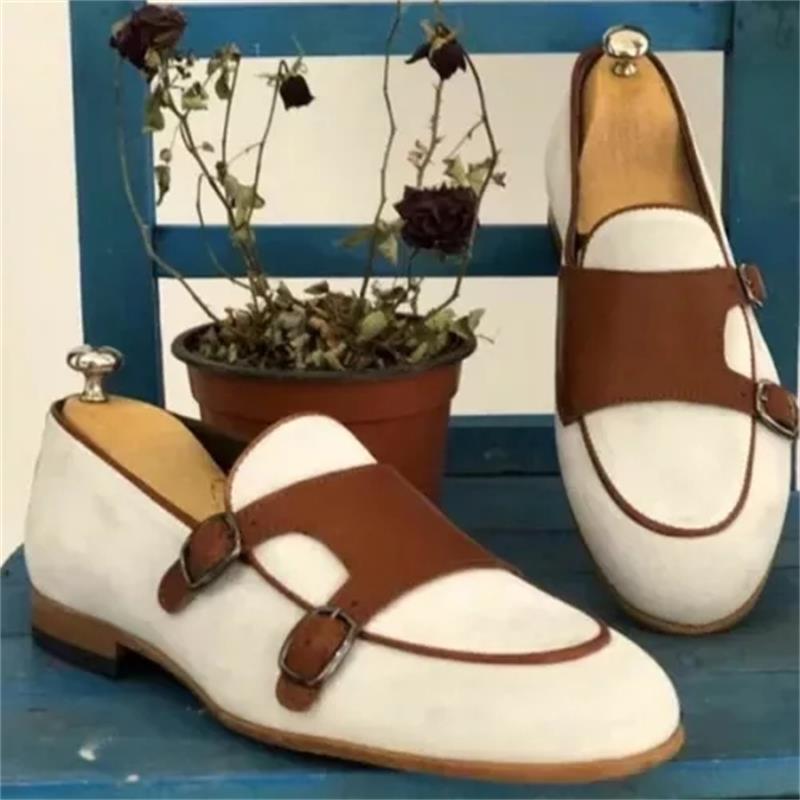 

New Loafers Men Shoes Faux Suede Colorblock Fashion Business Casual Wedding Classic Canvas Monk Double Buckle Dress Shoes CP056, Clear