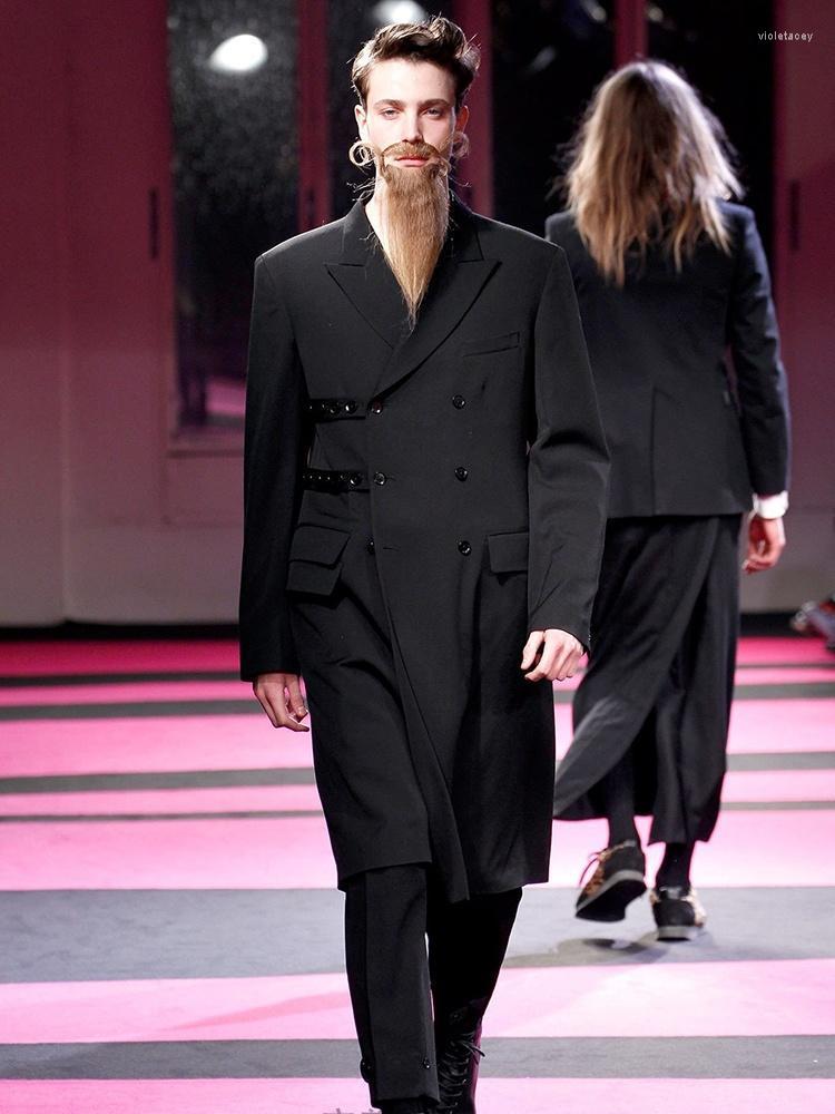 

Men' Trench Coats Yamamoto Fashion Double-breasted Blazers Suit Stage Show Jackets Male Trend Long Loose Multi-button Plus Size Viol22, Black