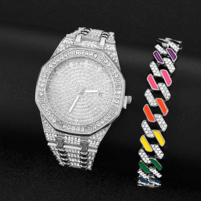 

Wristwatches Fashion Iced Out Women Watch Men Diamond Steel Hip Hop Ladies Watches Bracelet Luxury Dress Gold Clock Montre Femme, Slivery;brown
