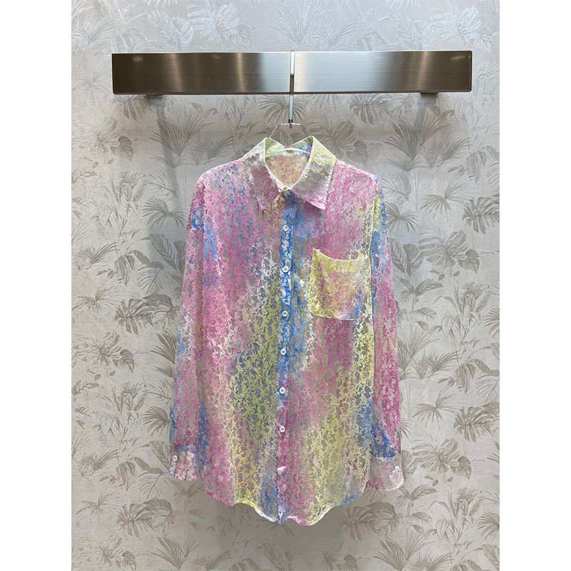 

Designer 2022 Summer Lace Patchwork Lapel Long Sleeve Blouse Shirt Fashion Transparent Elegant Tops, Multi