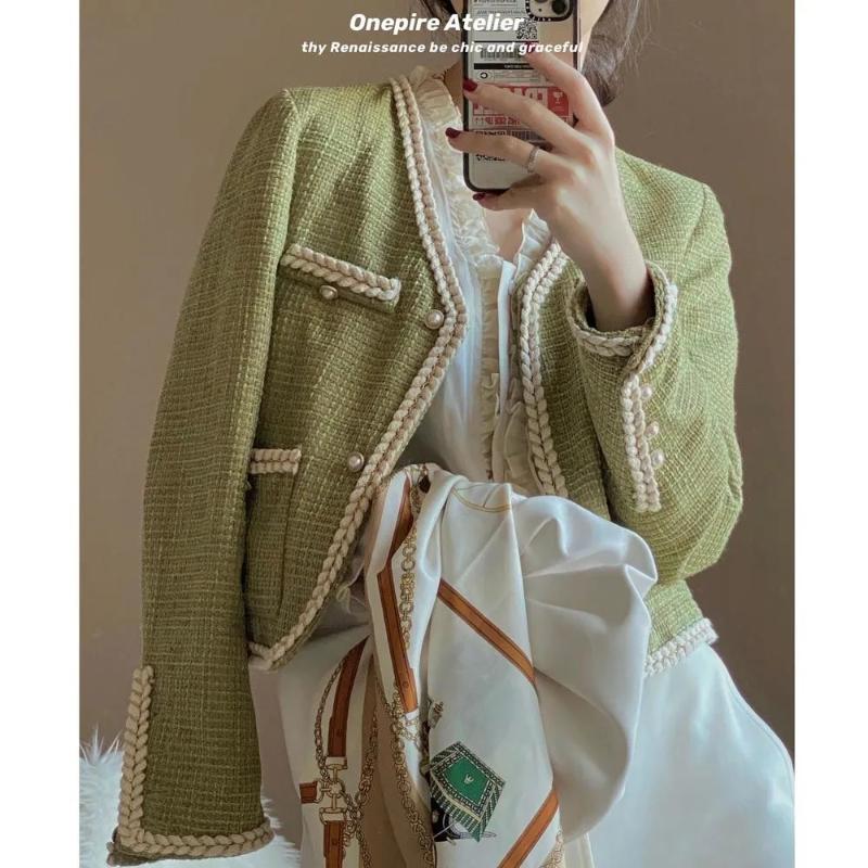 

Women's Jackets 2022 Fall Mustard Green Cropped Tweed Jacket Women Small Fragrance Vintage Weave Woollen Coat Elegant Pearl Button Outerwear