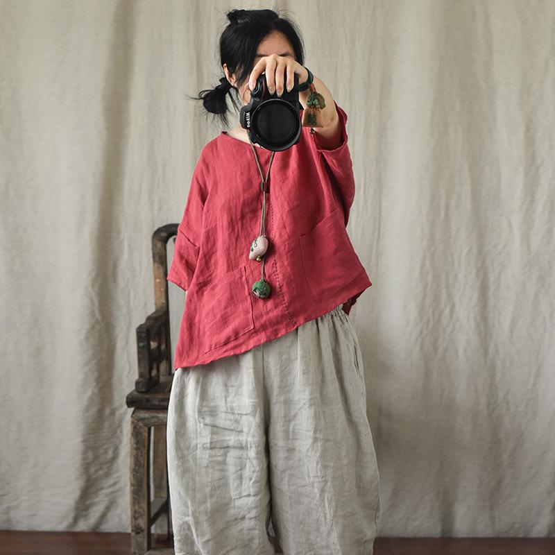 

Women's Blouses & Shirts Women Loose V Neck Embroidered Thin Linen Blouse Tops Ladies Vintage Flax Shirt Female 2022 Summer BlouseWomen's, Black