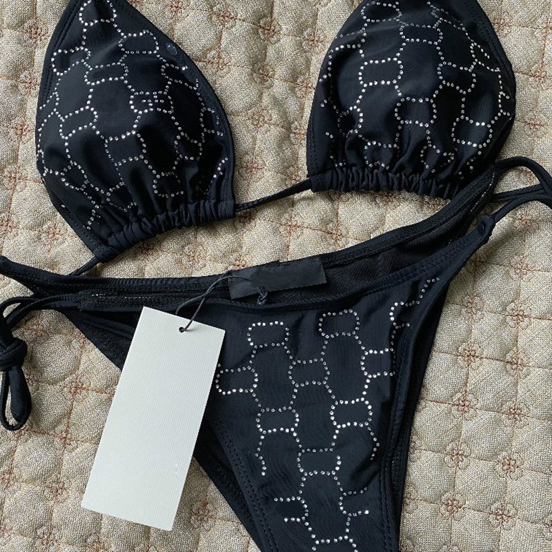 

Women Rhinestone Letter Bikini Water Sports Backless Spa Swimwear with Chest Pad Triangle Personalized Two Piece Beachwear, Black