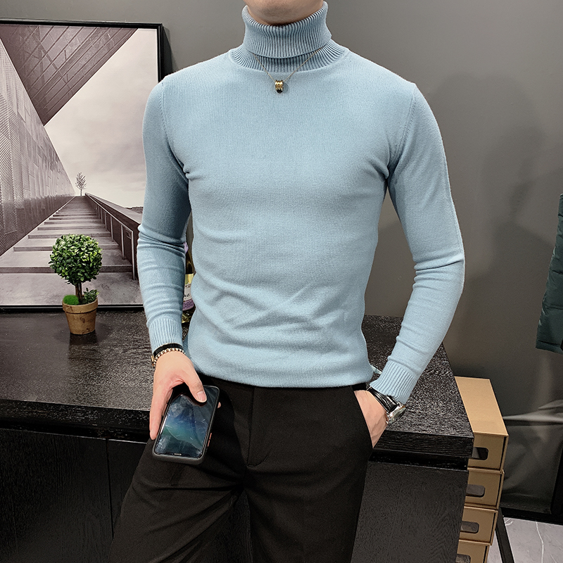 

Brand clothing Fashion Men's slim fit High quality Knit shirtsMale leisure pure color High collar keep warm sweater S3XL 220812, White