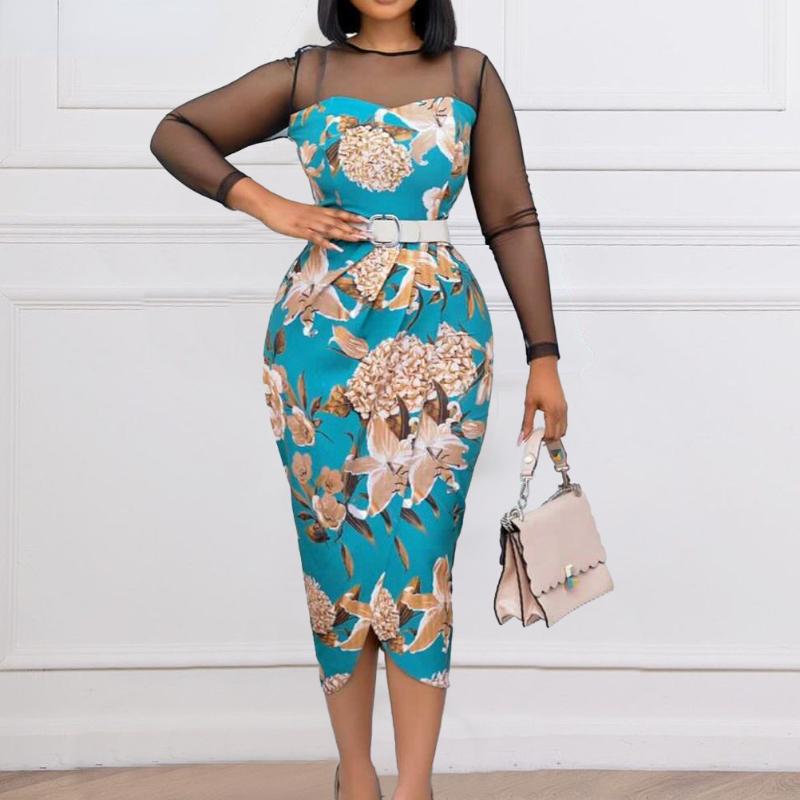 

Ethnic Clothing Print Bodycon African Dresses For Women 2022 Vestidos Fashion Mesh Long Sleeve Dress Sexy Office Ladies Clothes With Belt