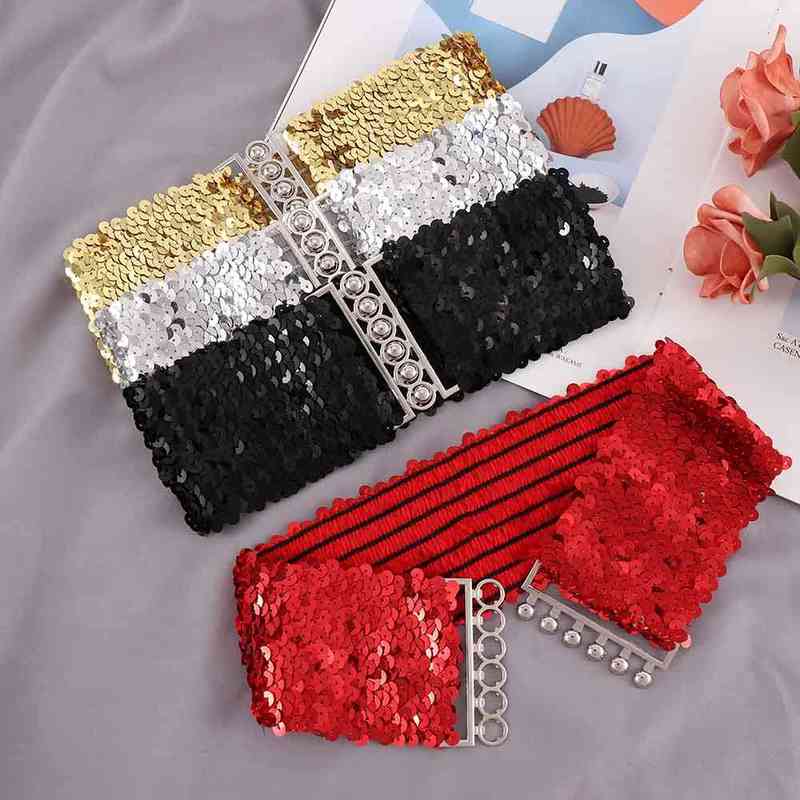 

2020 Fashion Ladies Waistband Charms Women Elastic Sequin Belly Waist Belt Casual Stretch Belt Buckle Corset Wide Waist Belts Y220419, Black