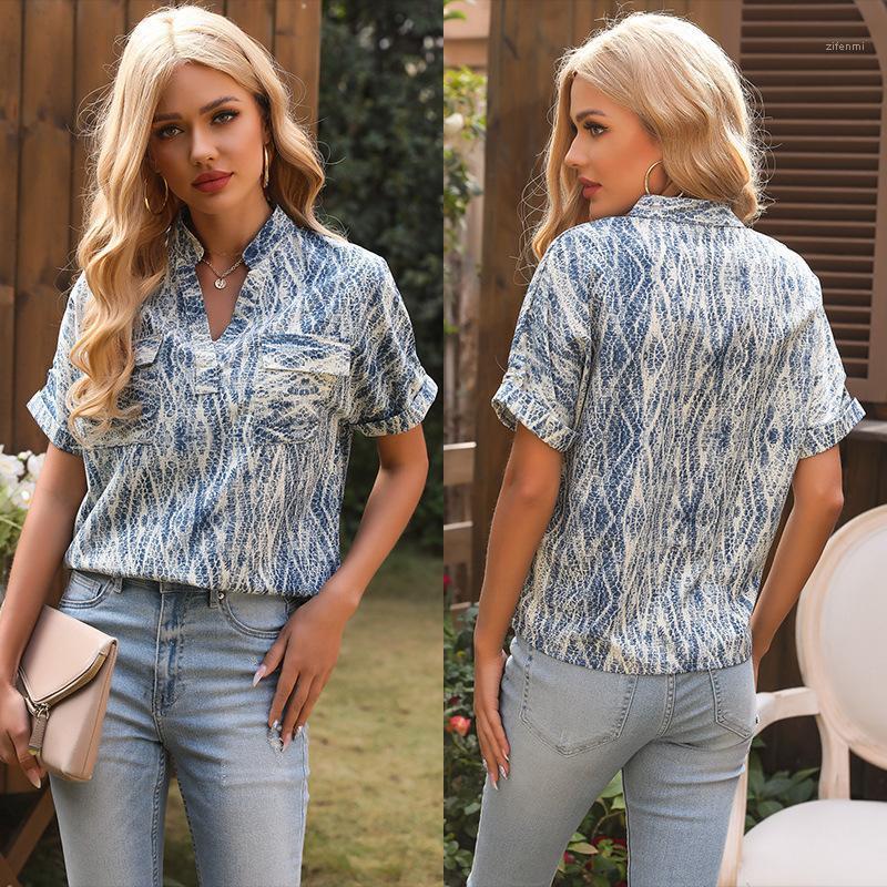 

Women' Blouses & Shirts 2022 Summer Blouse Print Pullover V-neck Pocket Tie-dye Short-sleeved Shirt Women Clothes Korean Fashion Clothing C, Blue