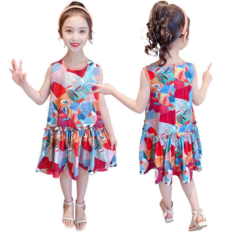 

Girl's Dresses Girls Dress Summer Children Geometric Printing Princess Clothes Cute Graffiti Teens Sleeveless Mixed Cotton Ruffle Casual Dre, Multi