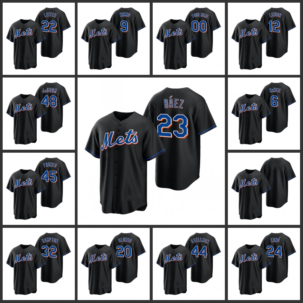 

New York''Mets''Men Women Youth Francisco Lindor Pete Alonso Jacob deGrom Al Leiter Custom Black 2022''Replica''Alternate Jersey