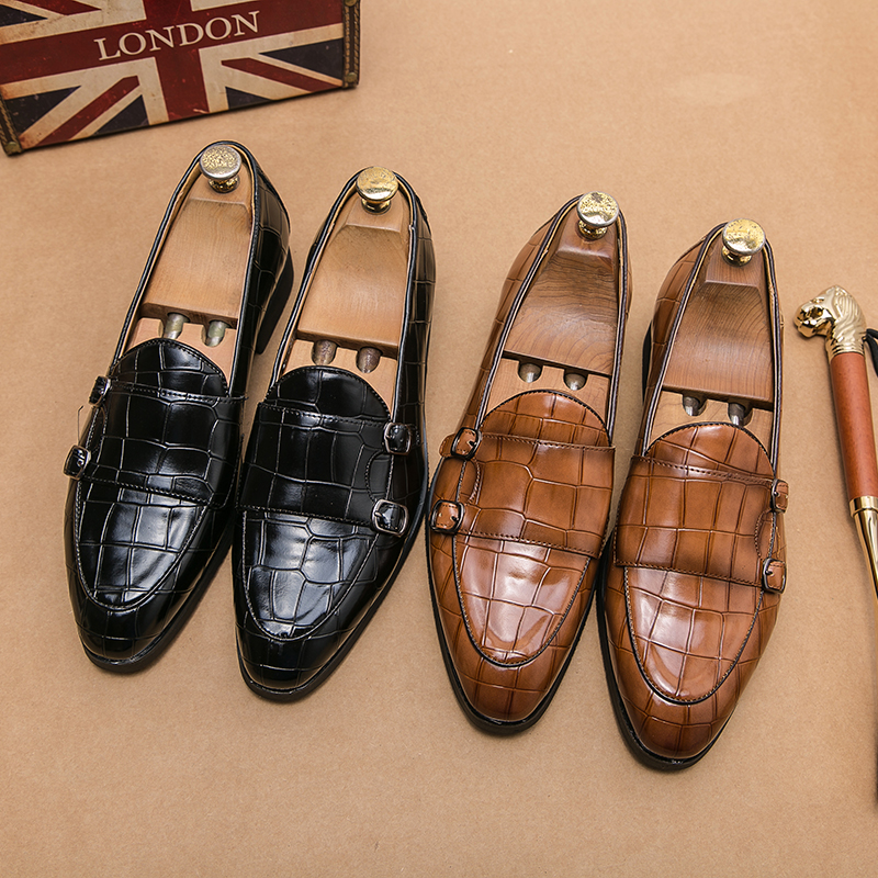 Monk Shoes Men Shoes Solid Color PU Leather Casual Fashion Round Toe Classic Crocodile Pattern Simple Double-breasted Flat Bottom Comfortable Slip-o