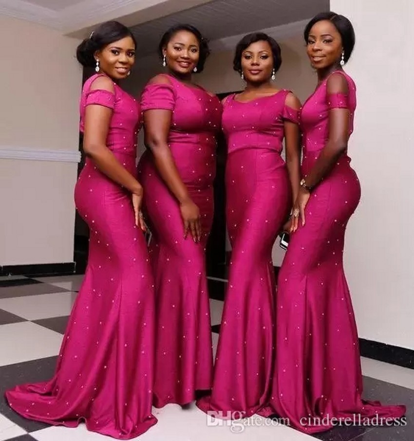 Fuchsia Plus Size Bridesmaid Dresses Long Off Shoulder Bead Mermaid Evening Wear Nigeria African Wedding Guest Bridesmaids Dress BA9555-image-760466982