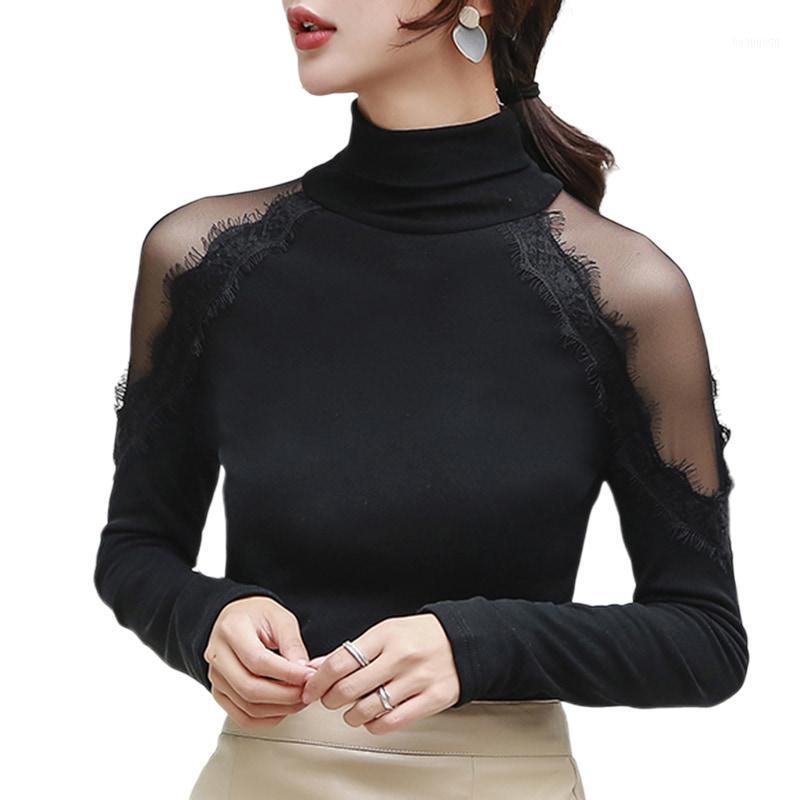 

Women' Blouses & Shirts Autumn Long Sleeve Lace Blouse Women 2022 Fashion Solid Casual Office Lady Turtleneck Slim 11093, Black