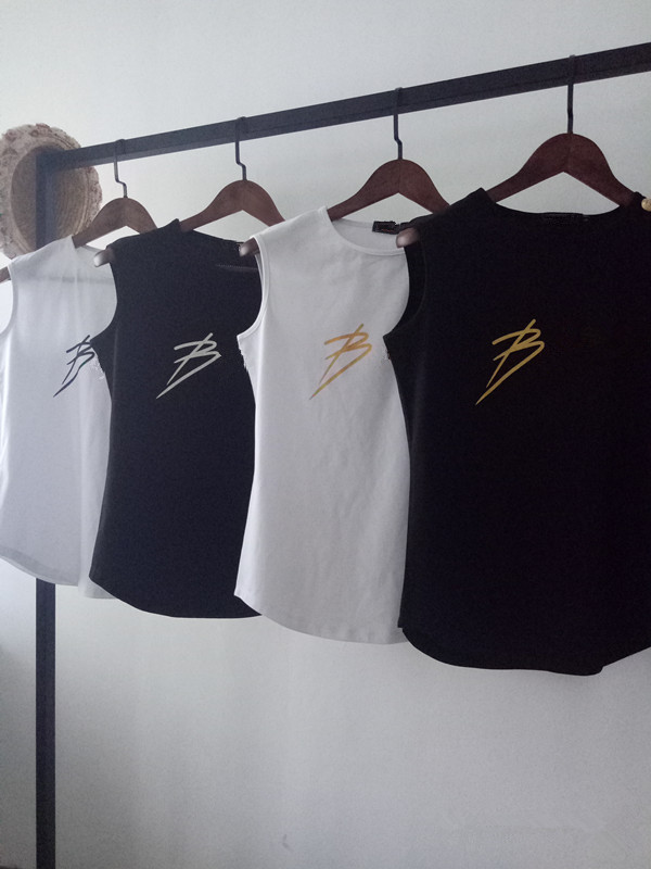

Women's T-Shirt Woman Vest Designer Tee Shirt Letter Print High Quality Cotton Sleeveless Tshirt Rock T Streetwear Slim Fit Gold Shoulder Button Camisole, White with gold letter