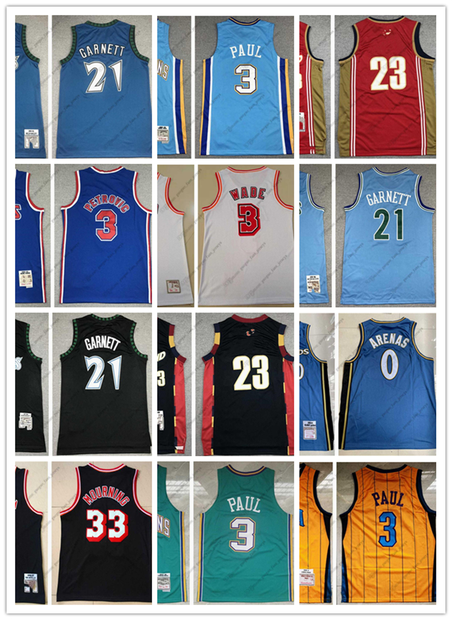 

2022 Retro Mitchell and Ness Basketball Jerseys Petrovic 3 Alex 23 James Wade 3 Dwyane Mourning 33 Alonzo Garnett 21 Kevin Paul 0 Gilbert 3 Chris Arenas white red