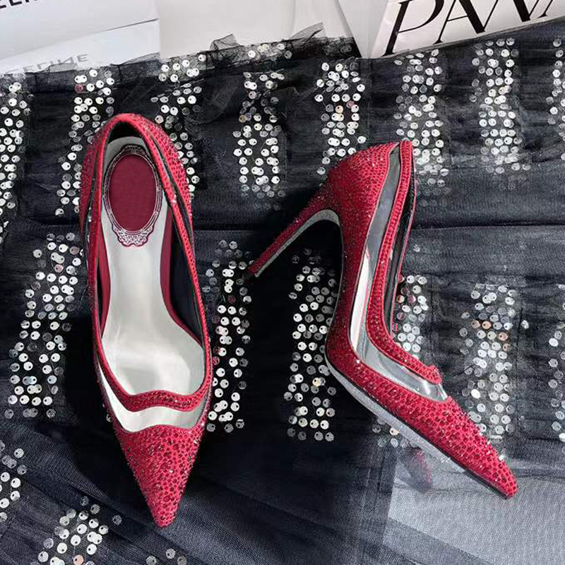 Top Quality Burgundy glitter pumps Bridal shoes stiletto Heels 95mm women slip on flats Luxury Designers Dress shoe Evening party wedding heeled