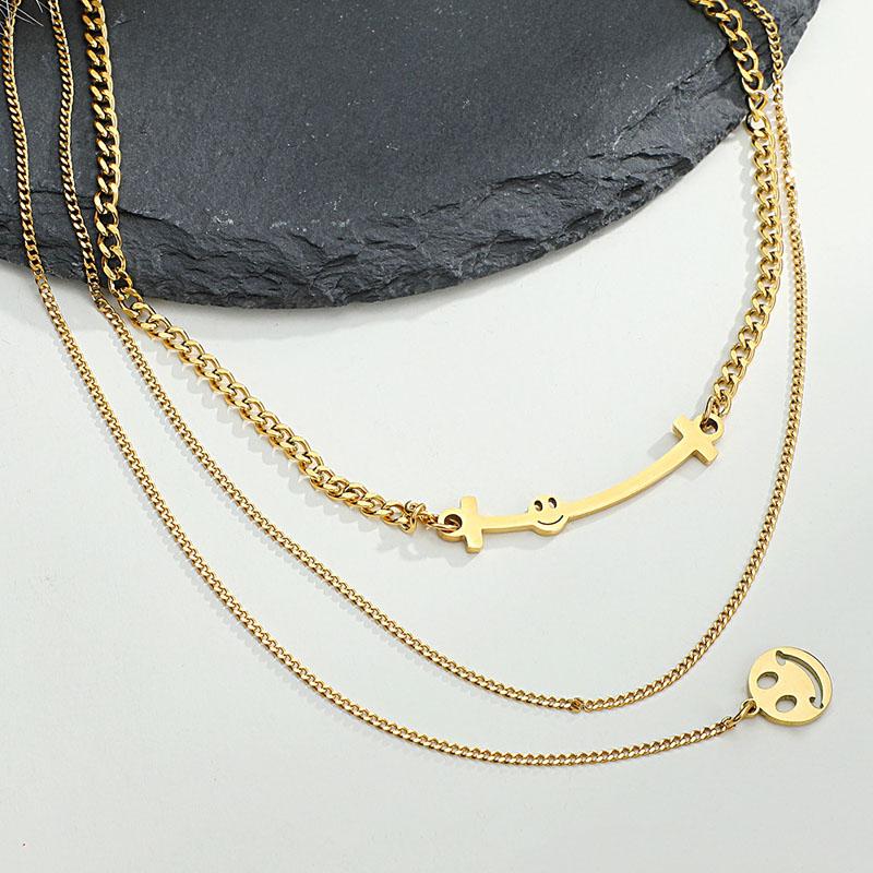 

Pendant Necklaces Korean Fashion Titanium Steel Smile Face Necklace Ins Cool Style Personality Multi-layer Overlapping ClaviclePendant