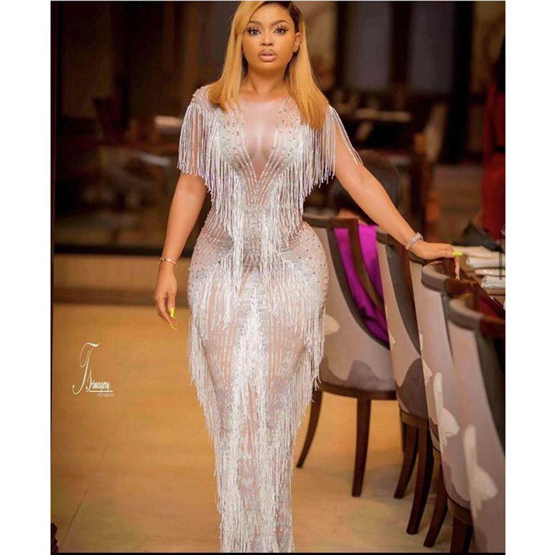 

Party Dresses White Tassels Women Mesh Bodycon Bandage Dress Evening Wear Singer Lady Stretch Long VestidosParty