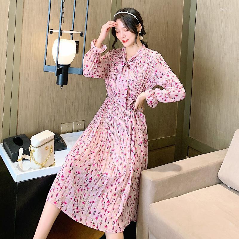 

Casual Dresses A-Line Floral Dress Stand-Up Collar Loose Slim Working Pleated Over The Knee Chiffon Spring Autumn Women, Pink