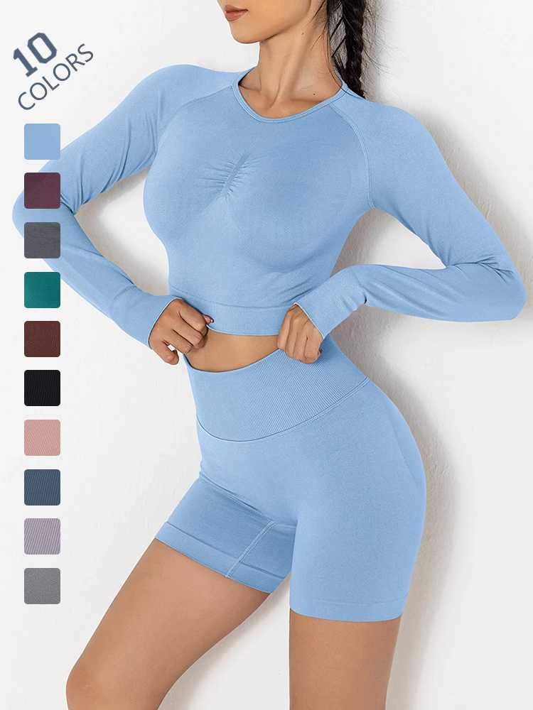 

Women' Tracksuits Summer Seamless Women Yoga Sports Suit Long Sleeves High Waist Shorts Set Fitness Sportswear Gym Workout Clothes SetWomen, Blue