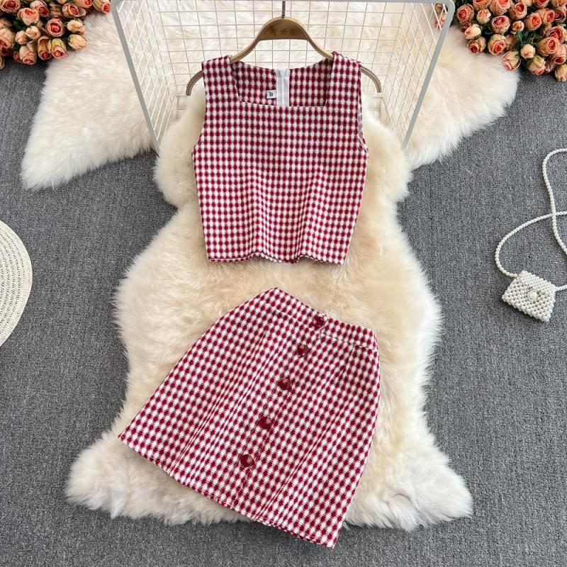 

Work Dresses Summer Women Fashion Plaid Suit Sleeveless Crop Top And Hip Wrap Skirt 2022 Ladies Causal Two Piece Outfits Korean ClothesWork