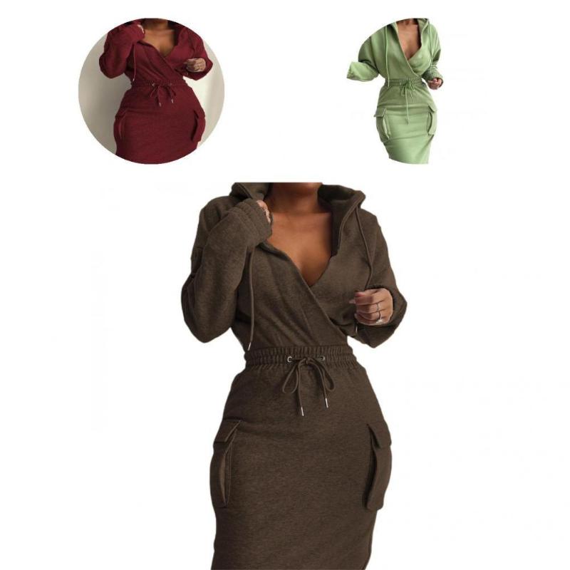 

Two Piece Dress Waist Tied Temperament Slim-fitting Pure Color Pullover Skirt For Travel, Black