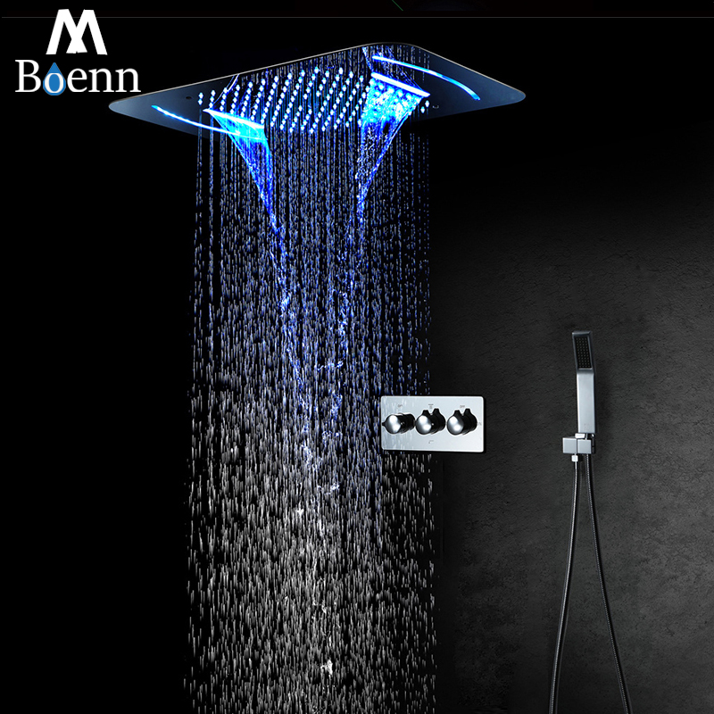 

Bathroom Shower Heads Rainfall Shower System Stainless Steel 580x380mm LED Mist Panel Systems Hot Cold 4 Functions Mixer Valve Ceiling mounted