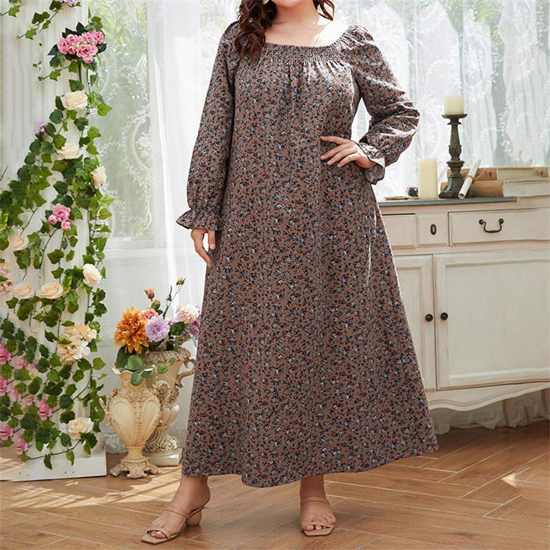 

Plus Size Dresses Loose Dress 4XL 5XL Women 2022 Autumn O Neck Long Sleeve Floral Print Retro Vintage Maxi Echm22, Khaki