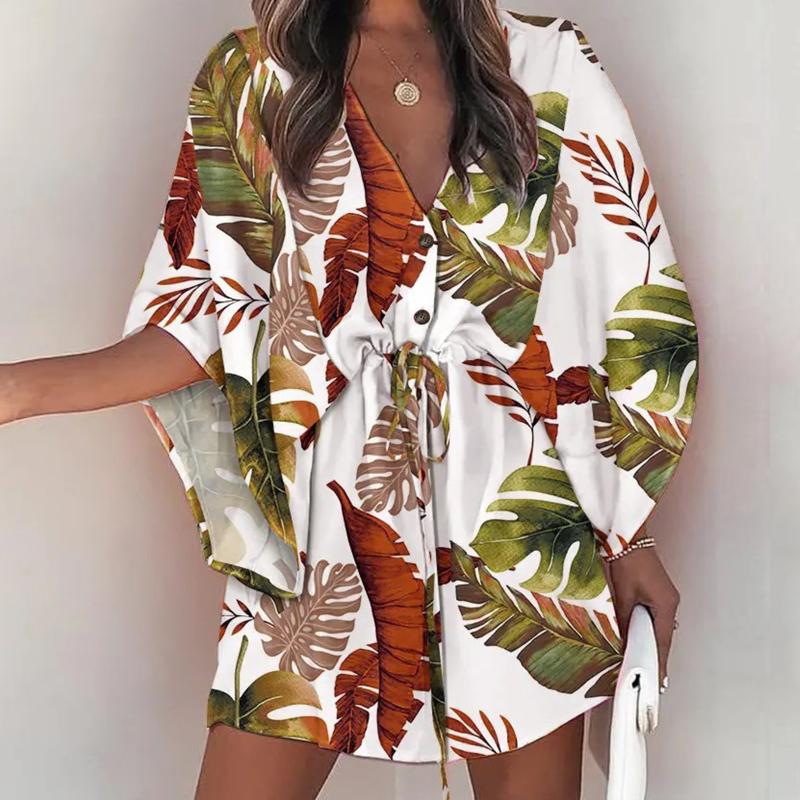 

Casual Dresses Women V Neck Mini Shirt Dress Summer 2022 Fashion Batwing Sleeve Button Lace-Up Loose Sexy Boho Beach Party DressesCasual, Black