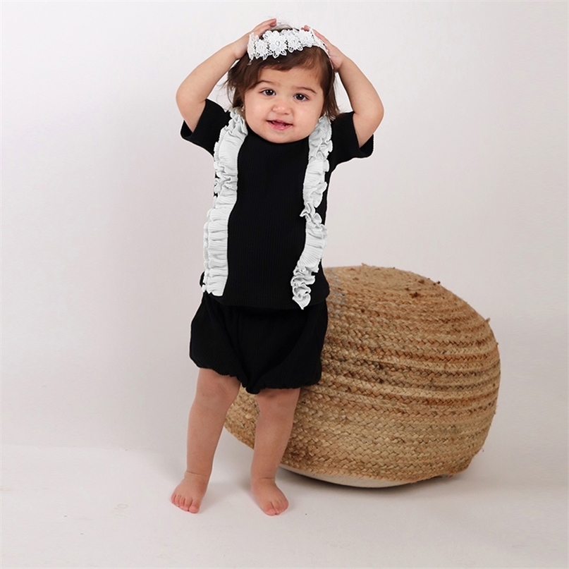 

Baby set summer 2pcs top and bloomers black ribbed kids girl clothes round neck short sleeves contrast ruffles 220616, Black 2pcs set