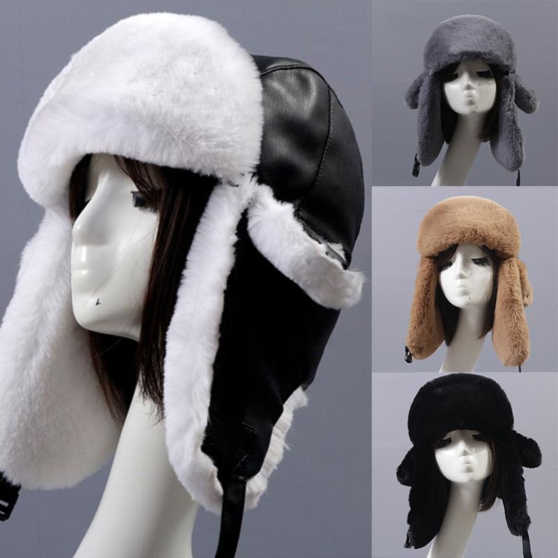

Berets 1Pc Bomber Hats Winter Men Women Warm Russian Ushanka Hat With Ear Flap PU Leather Fur Trapper Cap Earflap Lei Feng, White