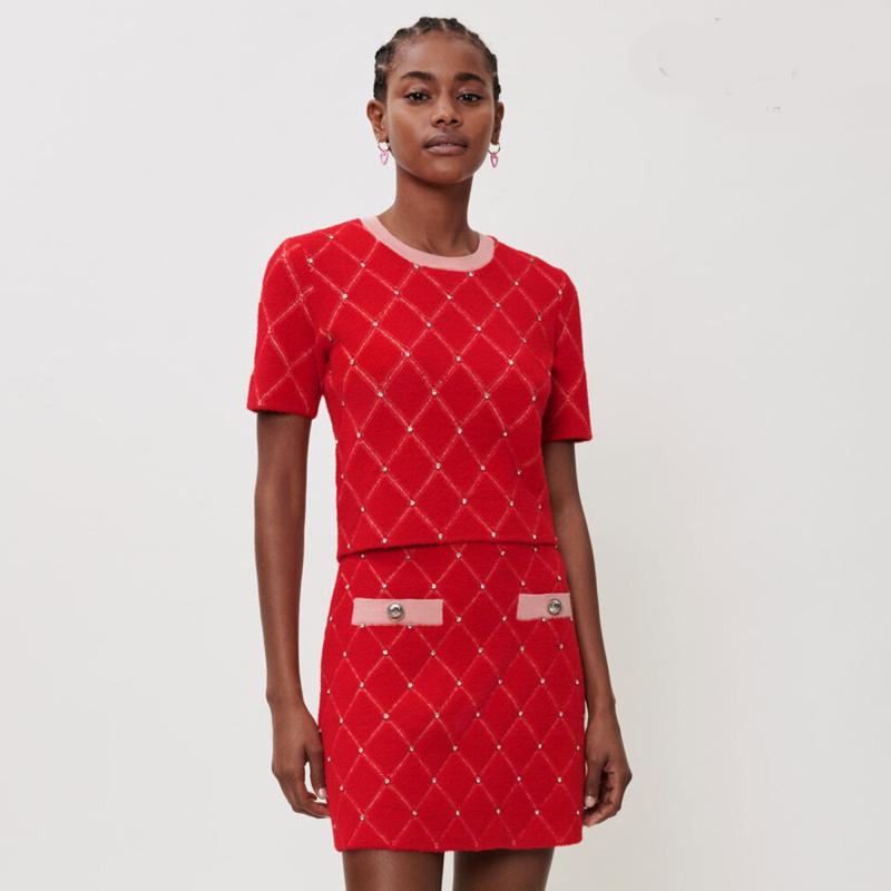 

Women' Sweaters Women Solid Color Plaid Top 2022 Spring Design Red Crew Neck Argle Knittted Franch Vintage FashionWomen