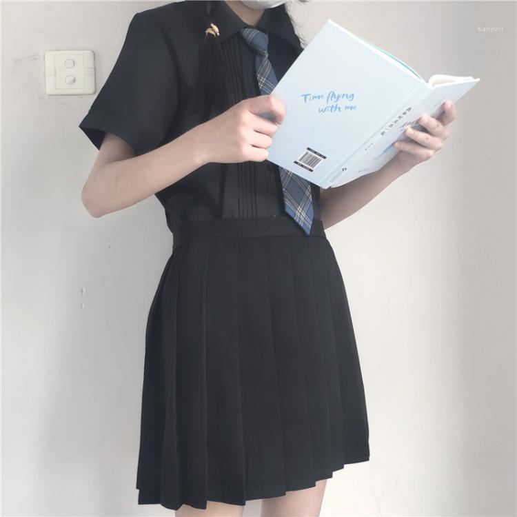 

Women's Blouses & Shirts Sweet Woman Kawaii Casual JKstudent Black For Tops 2022 Summer Turn-Down Collar Plaid Tie Blusas Mujer, Black skirt