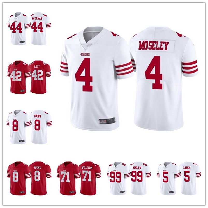 

Custom Men women youth San Francisco''49ers''4 Emmanuel Moseley 99 Javon Kinlaw 42 Ronnie Lott 8 Steve Young 2022 Vapor Limited Stitched red white Jersey