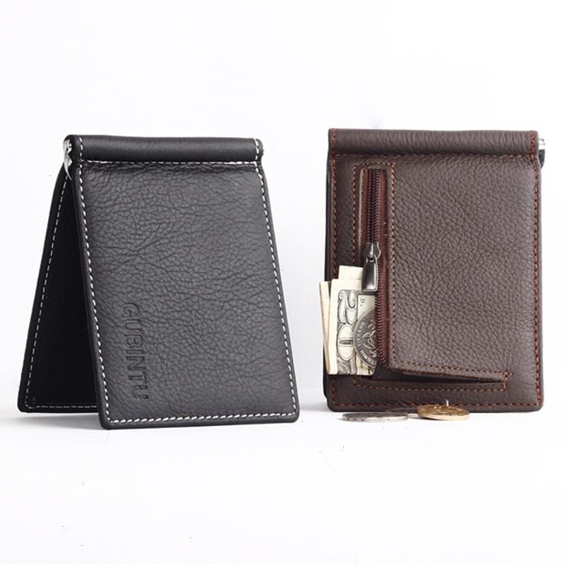 

Portable Mini Mens Genuine Leather Money Clip Wallet With Coin Pocket Small Card Cash Holder Metal Clamp For Male, Black