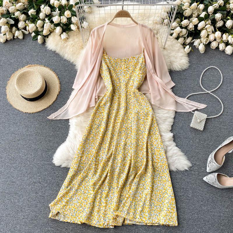 

Casual Dresses YIZZHOY Summer Solid Chiffon Thin Cardigan Female Vacation Clothing Women Two Piece Sets Floral Spaghetti Strap Midi Dress, White