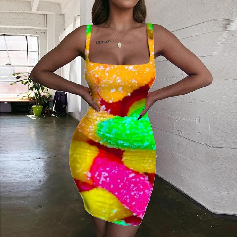 Robes Décontractées Giyu Candy Dress Femmes Robe Colorée Sexy Arc-En-3d Imprimer Rue Dames Vêtements Pour Femmes Plus La Taille Court Style Corée