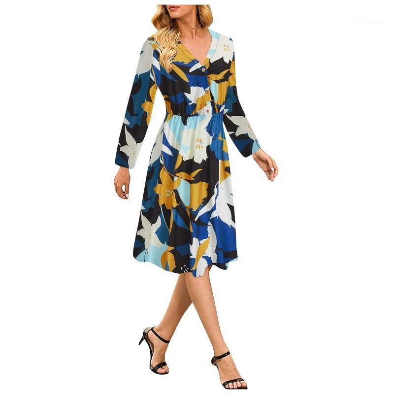 

Casual Dresses Women' Chic Floral Dress Party Elegant Long Sleeve A-Line Midi Loose V-Neck Ladies Vestido De Mujer, Black