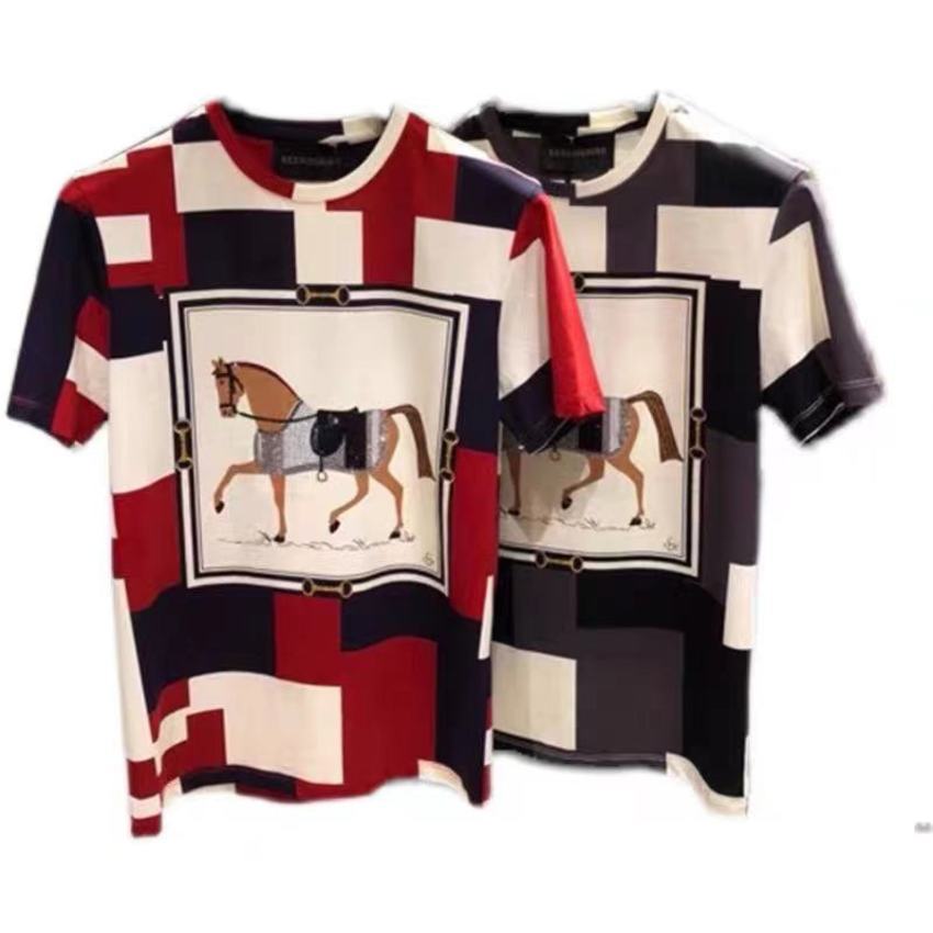 

Designer Fashion Brands T Shirt Summer Hot Drill Horse Checkered Printing Mens Woman Lovers Cotton Large Loose Trendy Round Neck Slim Oversized Tshirt, Black