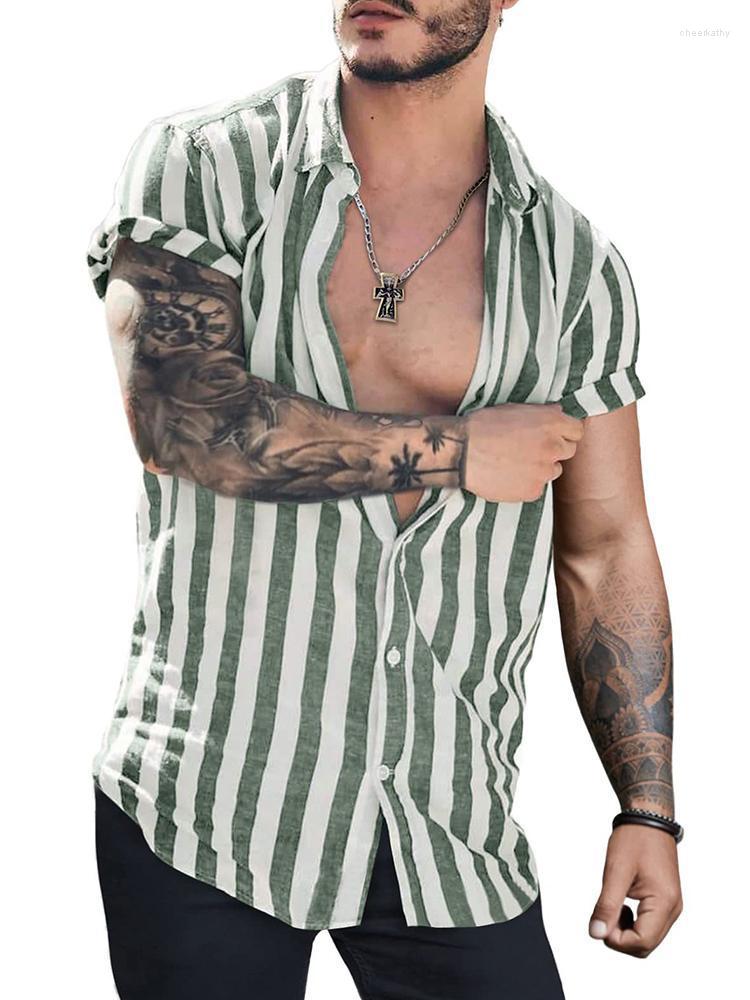 

Men's Casual Shirts Summer Fashion Men's Striped Printed Shirt Tops Short Sleeve Lapel Cardigan Men Loose Single Breasted Linen ShirtsMe, 04 grey