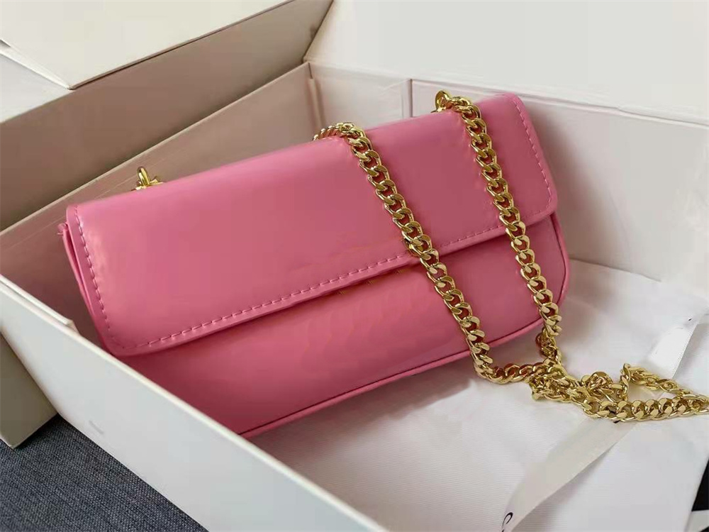 

Beautiful Pink Gold Chains Baguette Bags Patent Calf Leather Shoulder Bag Women Rectangle Designer Baguettes Golden Hardware Hasp Handbag Fashion Wallet Purse, Other colors