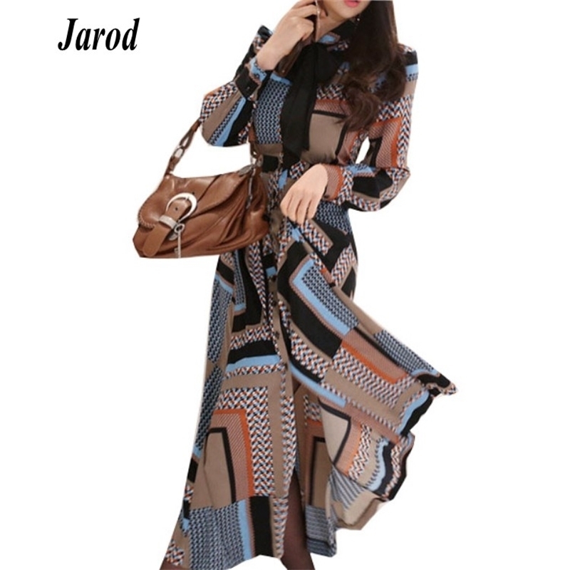 

Runway Designer Geometric Printed Maxi Dress Women Spring Retro Bow Long Sleeve Fashion Ladies 210526, Picture color