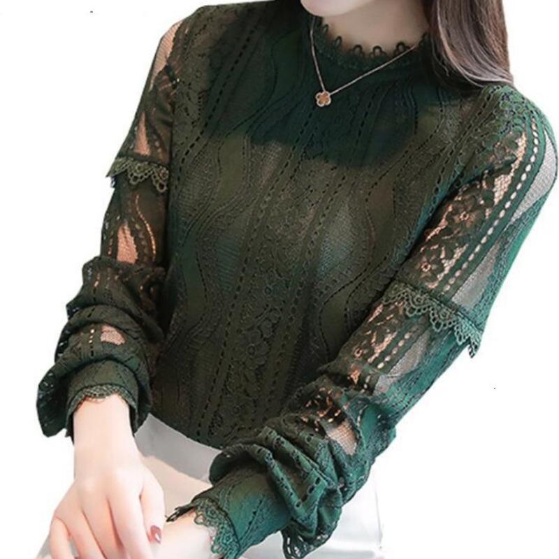 

Women's Blouses & Shirts 2022 Spring Women Long Sleeve Hollow Out Lace Casual Tops Green Blouse Blusas FemininasWomen's