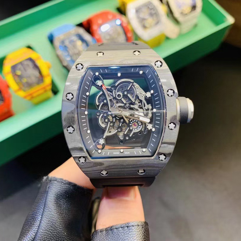 

7 colors RM055 NTPT Carbon Fiber Mechanical Men's Watch 50mm Rubber Montre de Luxe Skeleton Hand Wind Hollowed out, Not sale