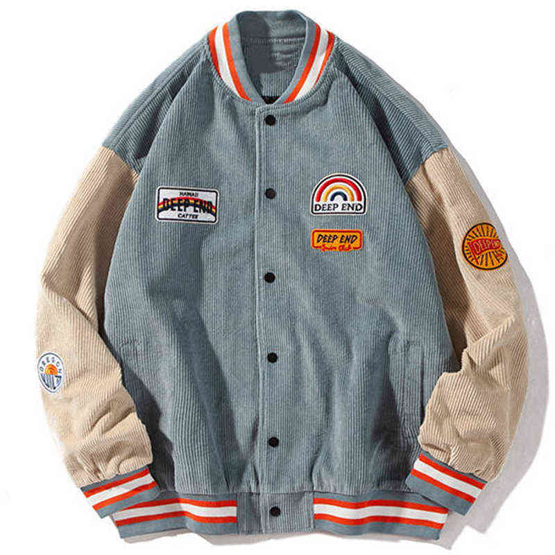 

Patchwork Baseball Jacket Men Corduroy Patch Rainbow Print Woman Loose Kong style Casual Jacket 2021 Spring Coat cool tops T220728, Blue