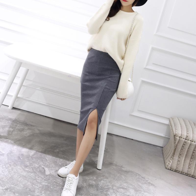 

Skirts Cultivate Female Skirt Show Thin Thread Open Fork Knitted Packet Hip Fashion Women 2023 Split Korean Streetwear, Black