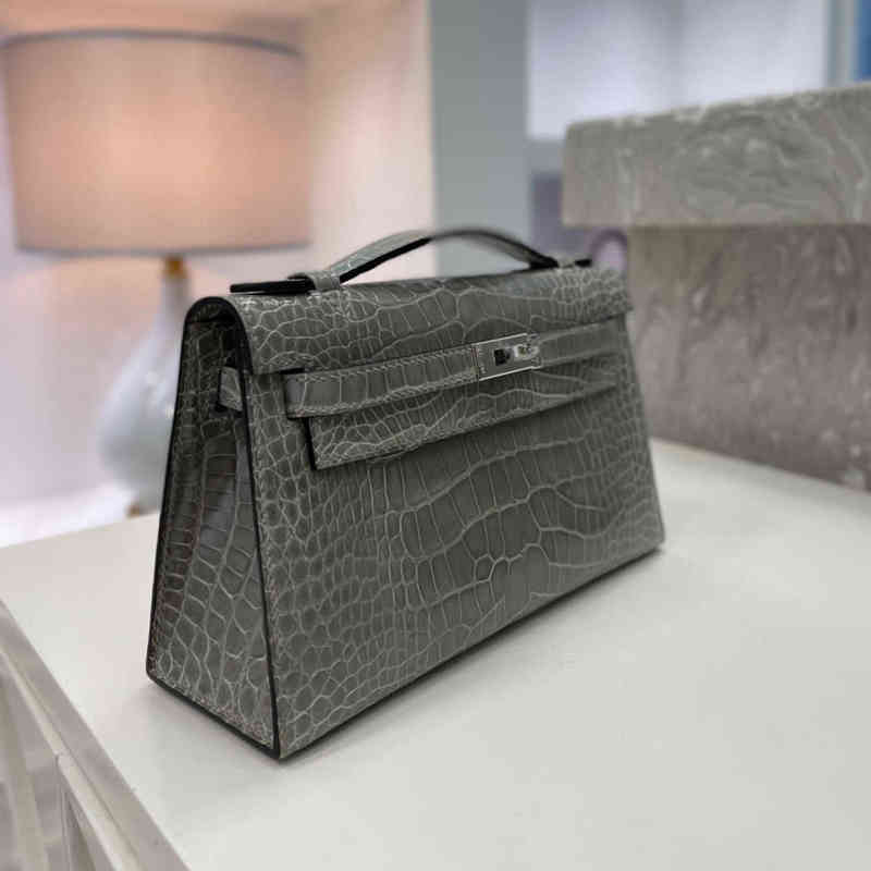 

Designer Herme kely Women Bags Mini Generation 1 American Alligator Turtledove Grey Silver Bu, Dove grey gold clasp
